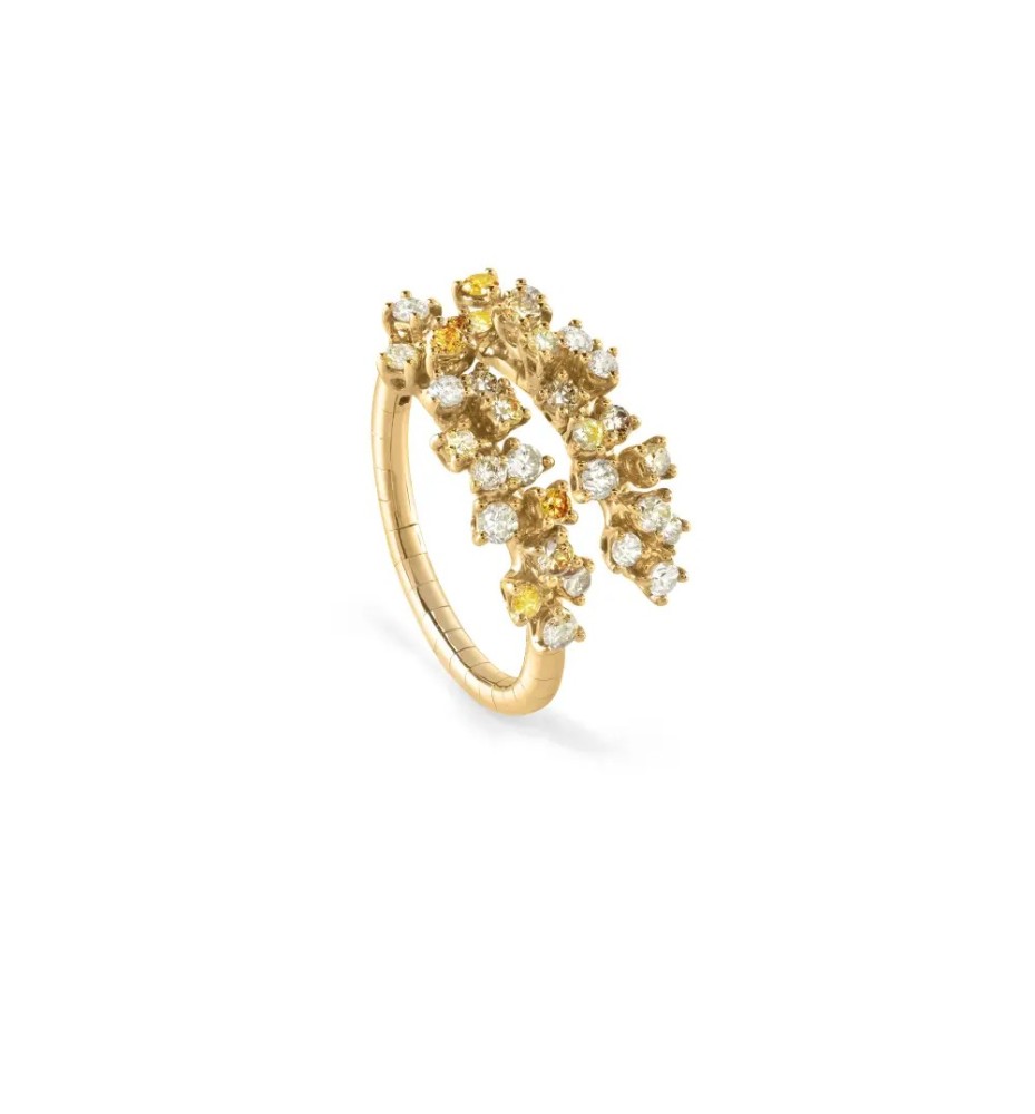 Anello Mimosa Flexi in oro giallo con diamanti bianchi gialli e brown