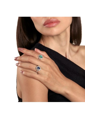 Anello Mimosa in oro bianco con diamanti e smeraldo