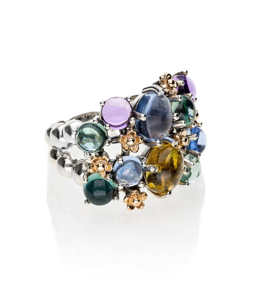 Anello DeNobili Positano argento oro e quarzo idrotermale AN123